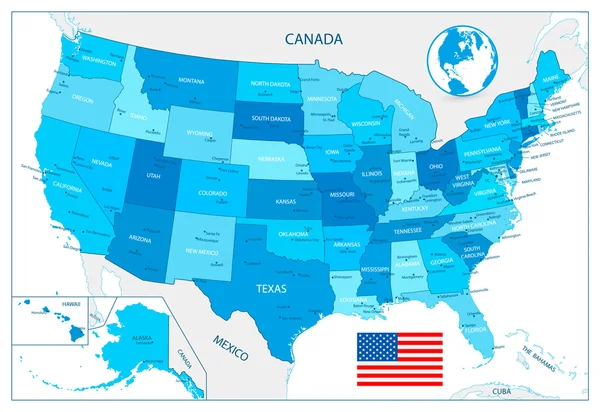 Mapa de EE.UU. altamente detallado en colores de azul — Vector de stock