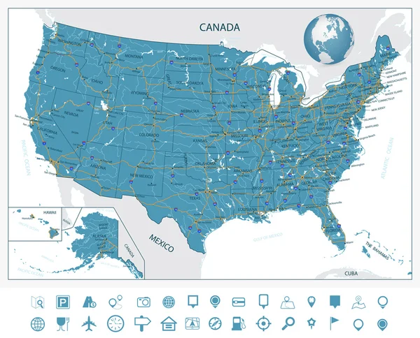 Zeer gedetailleerde routekaart van Verenigde Staten — Stockvector
