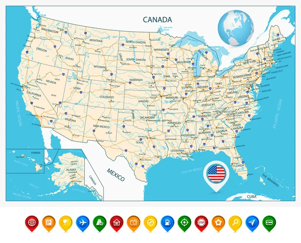 Hoja de ruta altamente detallada de Estados Unidos y punto de mapa colorido — Vector de stock