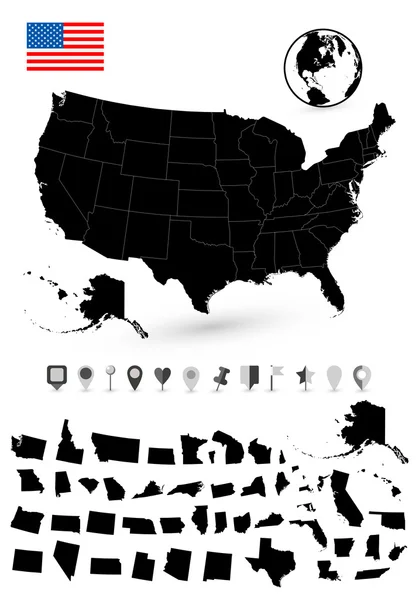 Mapa detallado de Estados Unidos con sus estados y planos punteros de mapa plano — Vector de stock