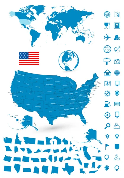 Mappa dettagliata degli Stati Uniti e set di navigazione mappa del mondo — Vettoriale Stock