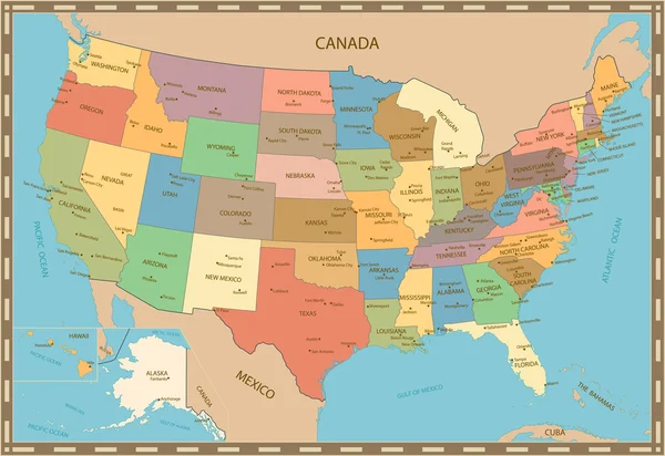 Mapa de cor do vintage altamente detalhado de Estados Unidos — Vetor de Stock