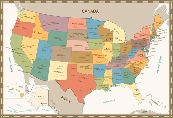 Ancienne carte de couleurs rétro de États-Unis — Image vectorielle