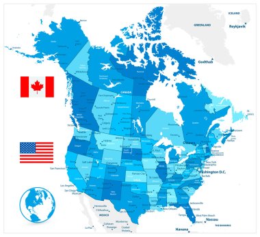 USA and Canada large detailed political map in colors of blue clipart