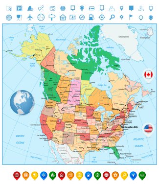 ABD ve Kanada'da büyük detaylı siyasi harita ve renkli harita POI