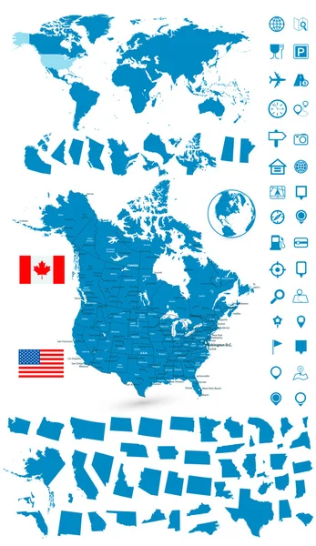 Carte détaillée des États-Unis et du Canada avec ensemble de navigation carte du monde — Image vectorielle