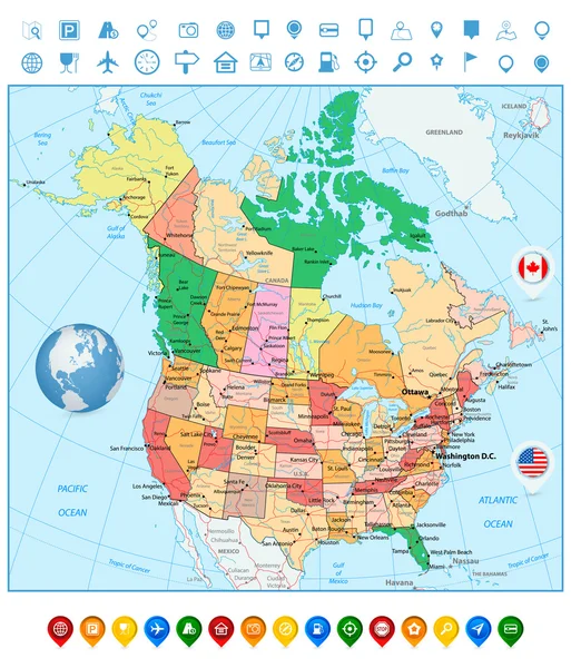 USA e Canada grande mappa politica dettagliata e mappa colorata poi — Vettoriale Stock