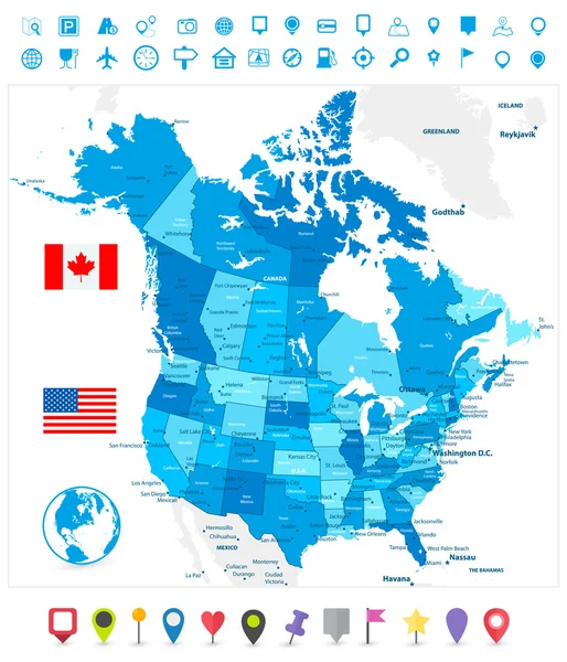 USA a Kanada Velká podrobné politická mapa v barvách modré — Stockový vektor