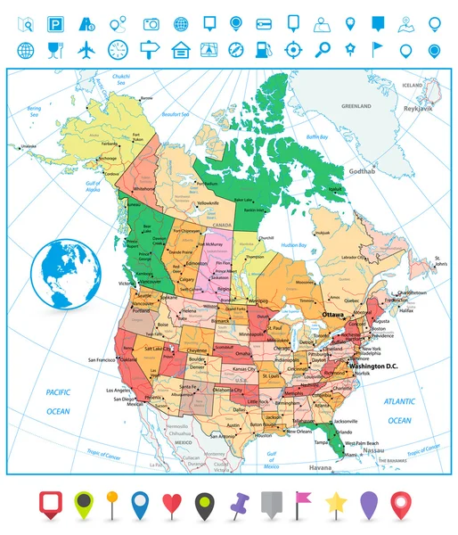 Estados Unidos y Canadá gran mapa político detallado con carreteras y navegación — Vector de stock