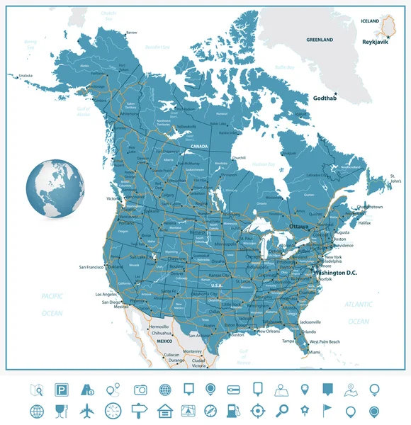 Mapa de estradas e ícones de navegação dos EUA e Canadá — Vetor de Stock