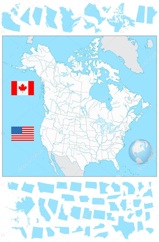 USA and Canada blank map with water objects and it's states