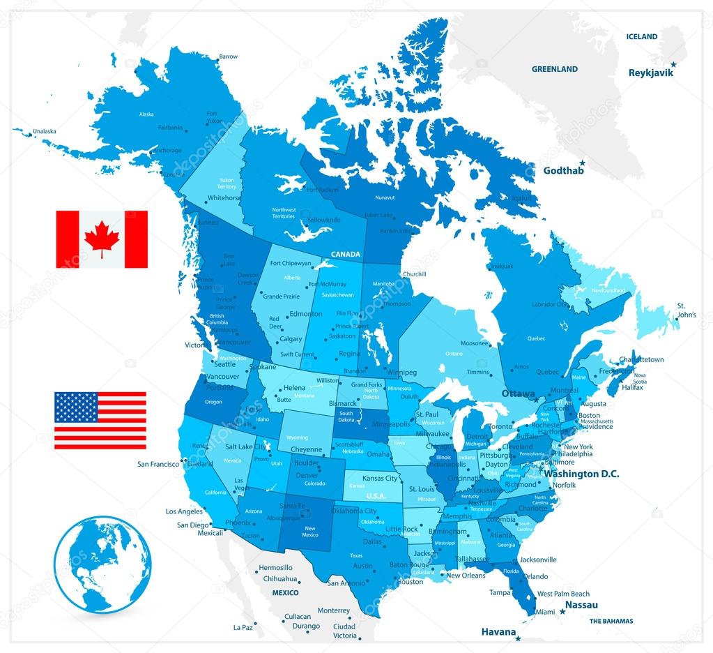 USA and Canada large detailed political map in colors of blue