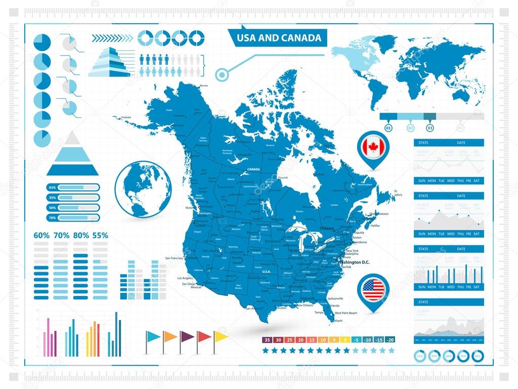 USA and Canada map with infograpchic elements