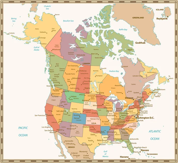 Mapa político a color retro de Estados Unidos y Canadá — Archivo Imágenes Vectoriales