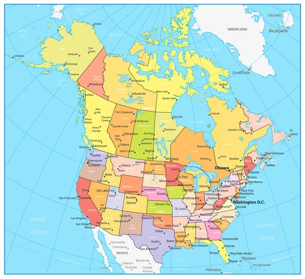 Estados Unidos y Canadá gran mapa político detallado — Vector de stock