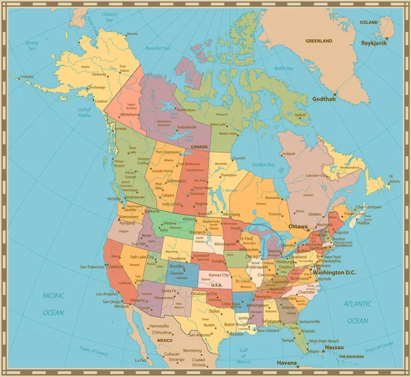 Ancienne carte politique couleur vintage des États-Unis et du Canada — Image vectorielle