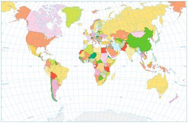Boş siyasi dünya haritası üzerinde beyaz izole su nesnelerle