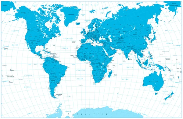 Carte du monde de couleur bleue illustration très détaillée — Image vectorielle