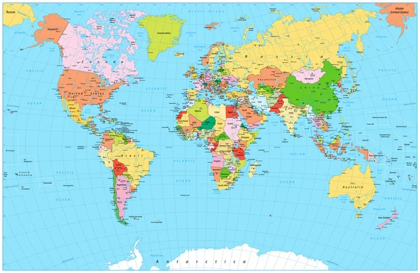 Grande mappa del mondo politico dettagliato con oggetti d'acqua — Vettoriale Stock