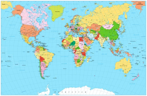 大詳細水オブジェクトと政治の世界地図 — ストックベクタ