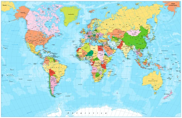 Mappa politica dettagliata del mondo con capitali, fiumi e laghi — Vettoriale Stock