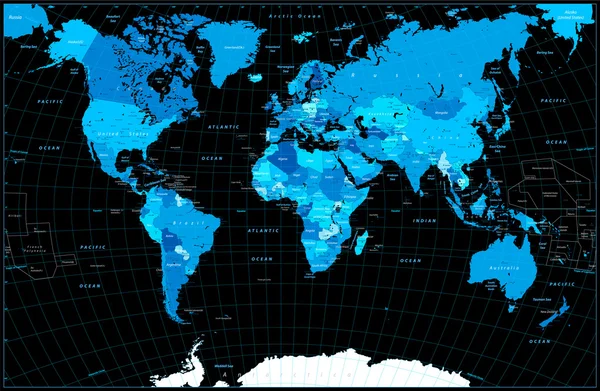 Карта мира в цветах синий изолирован на черный — стоковый вектор