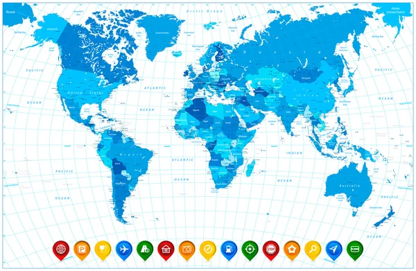 Παγκόσμιος Χάρτης στα χρώματα του μπλε και πολύχρωμα χάρτη δείκτες — Διανυσματικό Αρχείο