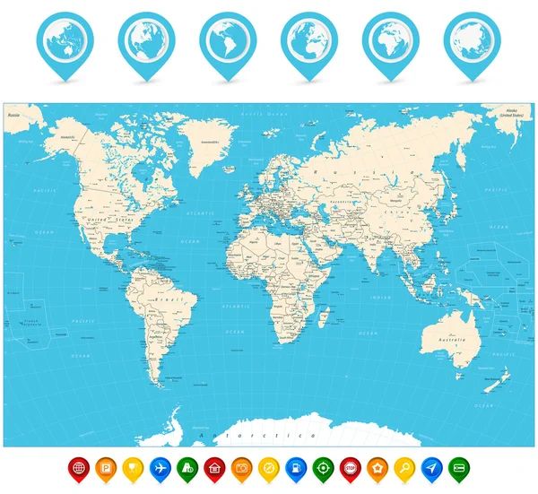 Mapa del mundo vector de ilustración y punteros de mapa — Vector de stock