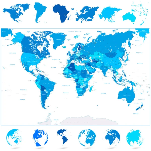 Mappa del mondo blu e continenti — Vettoriale Stock