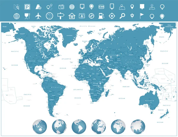 Mapa del mundo e iconos de navegación con globos — Vector de stock