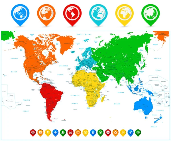 Λεπτομερείς διάνυσμα παγκόσμιο χάρτη με πολύχρωμα ηπείρους και σημείο του χάρτη — Διανυσματικό Αρχείο