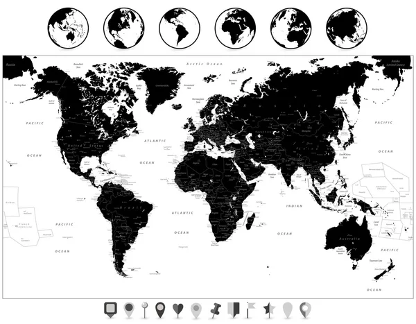 Mapa del Mundo Negro e iconos de navegación aislados en blanco — Archivo Imágenes Vectoriales