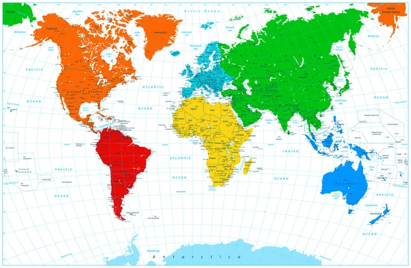 Mapa do mundo com continentes coloridos — Vetor de Stock