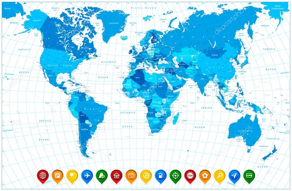 World map in colors of blue and colorful map pointers