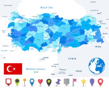 Hindi haritası ve bayrak. Resim harita hatları, arazi isimleri, şehir isimleri harita simgeleri içeren katmanlar içerir - çok ayrıntılı vektör illüstrasyonu.