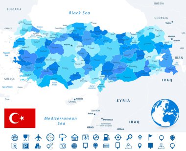 Türkiye mavi renkleri ve yön bulma simgelerini haritalar. Resim harita hatları, arazi isimleri, şehir isimleri harita simgeleri içeren katmanlar içerir - çok ayrıntılı vektör illüstrasyonu.