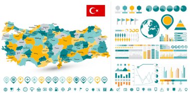 Türkiye Harita ve Bilgi Grafikleri tasarım unsurları - Sunum, broşür, web sitesi ve diğer yaratıcı projeler için düz bir iş şablonu.