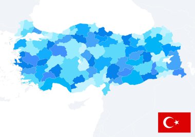 Türkiye haritası mavi renkler ve bayrak. Mesaj yok. Resim harita hatları olan katmanlar içeriyor. Son derece detaylı vektör illüstrasyonu.