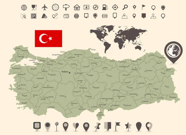 土耳其地图和带有导航图标的世界地图 土耳其矢量图解的详细地图 所有元素都在有明确标签的可编辑层中分离 — 图库矢量图片