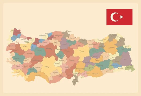 Türkiye Eski Renkleri Haritası Resim Harita Hatları Şehir Isimleri Içeren — Stok Vektör