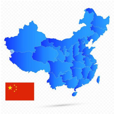 Şeffaf arkaplanda Çin haritası ve bayrağı. Mesaj yok. Resim harita hatları olan katmanlar içeriyor. Son derece detaylı vektör illüstrasyonu.