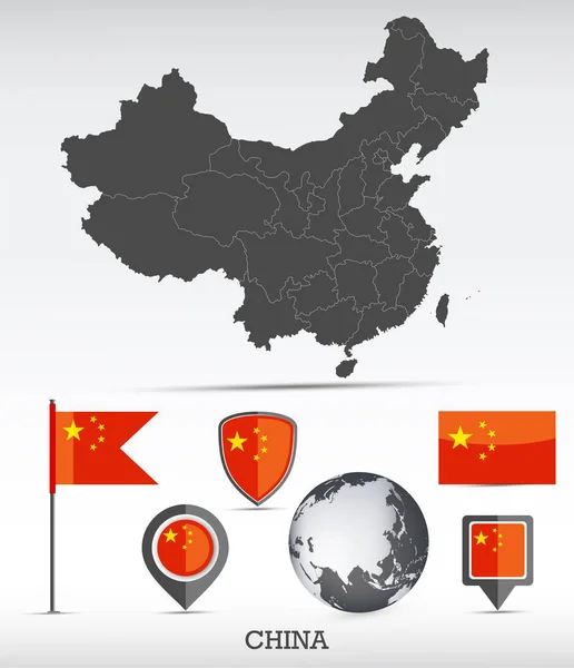 Китайская Карта Набор Флагов Подробная Форма Страны Границами Регионов Иконками — стоковый вектор