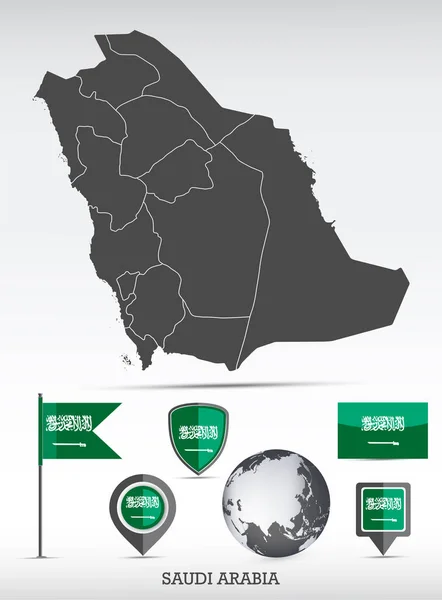 Карта Флаг Саудовской Аравии Установлены Детальная Форма Страны Границами Регионов — стоковый вектор