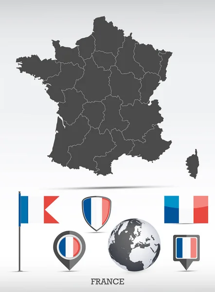 Карта Франции Флаг Установлены Детальная Форма Страны Границами Регионов Иконками — стоковый вектор