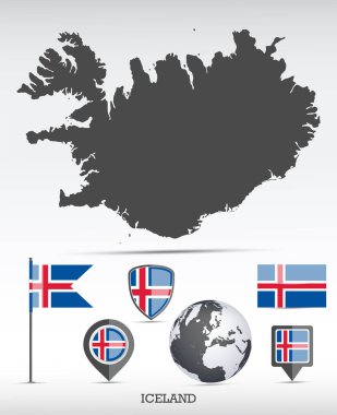 İzlanda haritası ve bayrak seti. Bölge sınırları ve bayrak simgeleriyle ayrıntılı ülke şekli.