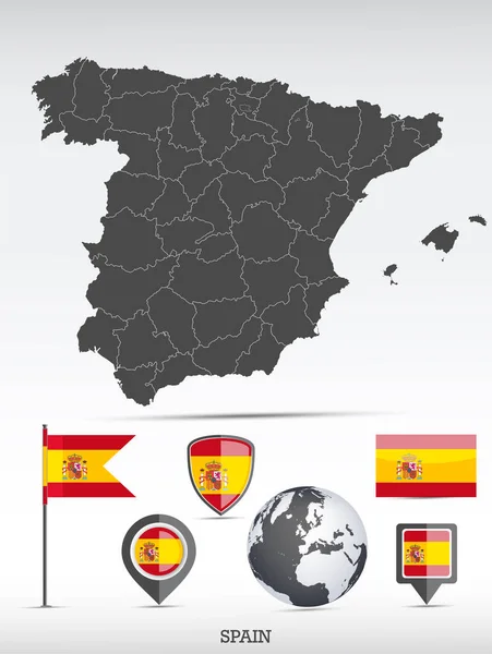 Spanien Karta Och Flagga Inställd Detaljerad Landsform Med Regiongränser Och — Stock vektor