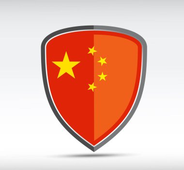 Gri arka planda Çin bayrağı bulunan bir kalkan ikonu. Vektör illüstrasyonu.