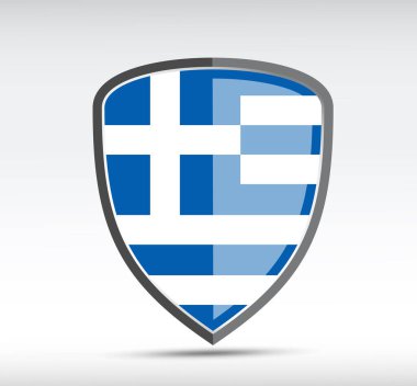 Gri arka planda Yunanistan bayrağı bulunan bir kalkan simgesi. Vektör illüstrasyonu.