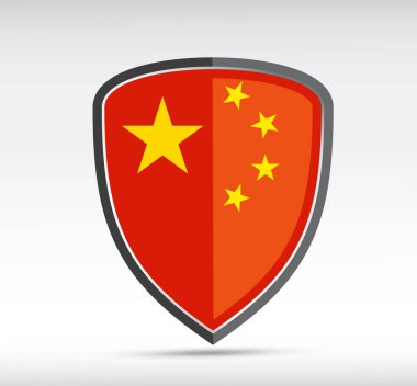 Gri arka planda Çin bayrağı bulunan bir kalkan ikonu. Vektör illüstrasyonu.