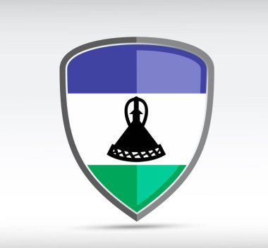 Gri arka planda Lesotho ülkesinin bayrağını taşıyan bir kalkan ikonu. Vektör illüstrasyonu.